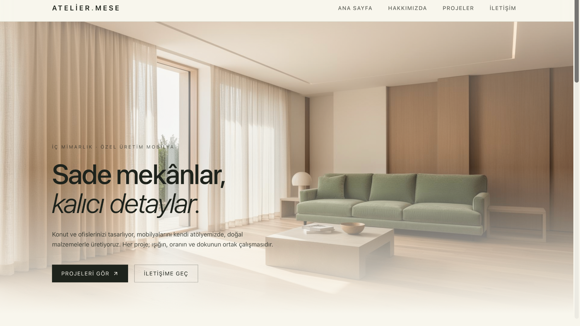 Atelier Meşe — İç mimarlık · Mobilya atölyesi web sitesi tasarımı