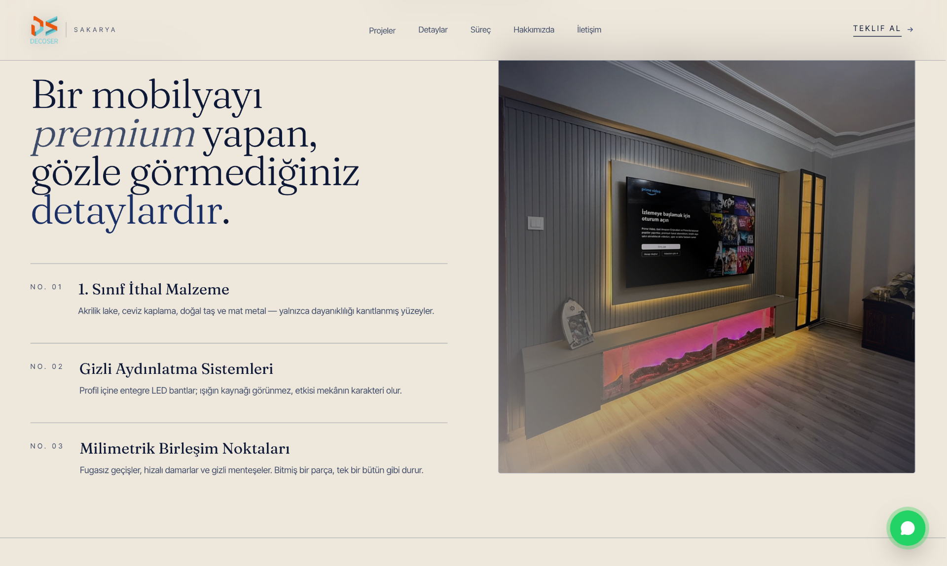 Decoser premium malzeme ve aydınlatma detayları